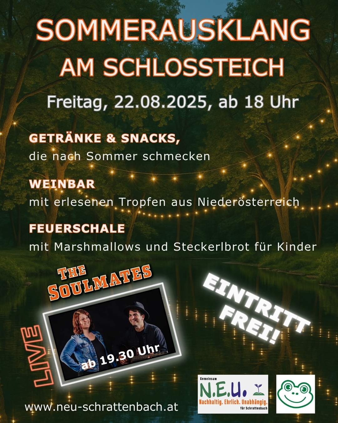 Sommerausklang am Schlossteich – Freitag, 22. August 2025 Sommerausklang am Schlossteich in Schrattenbach am 22.08.2025 mit Musik, Snacks, Weinbar und Kinderprogramm