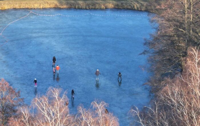 Menschen genießen das Eislaufen auf einem zugefrorenen Teich, umgeben von Bäumen und Winterlandschaft.